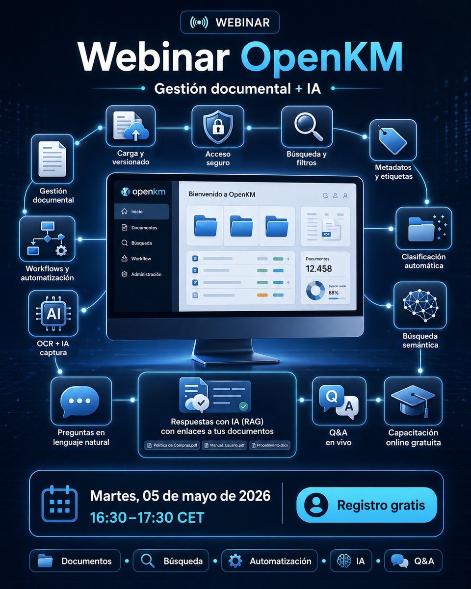 openkm's tweet photo. #Webinargratuito #OpenKM
🗓 Martes5 
🕟 16:30–
💻 Demo práctica + Q&amp;A en directo
🤖 OCR, búsqueda semántica, RAG y automatización con OKMFlow
Registro gratis https://t.co/4GQUpazxxQ https://t.co/gjvhwEuBGC