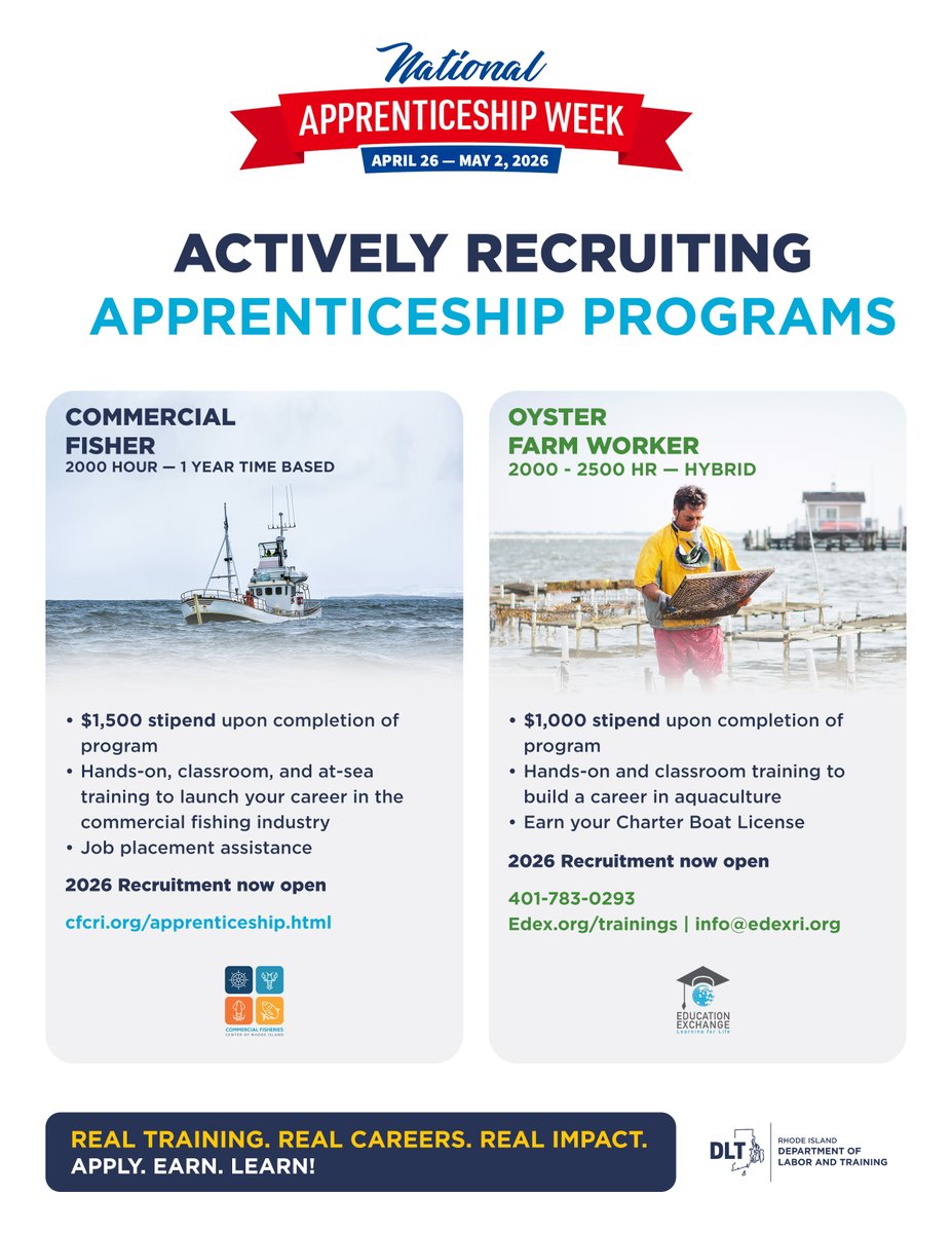 RI_DLT's tweet photo. Celebrate #NationalApprenticeshipWeek with a new career!

2 programs are now recruiting:
• Commercial Fisher ($1,500 stipend)
• Oyster Farm Worker ($1,000 stipend)

Earn. Learn. ⬇️
https://t.co/e3KRWKfxDs | https://t.co/jax8Ez1To0
#ApprenticeshipWeek #WorkforceDevelopment https://t.co/SczB9fBoGj