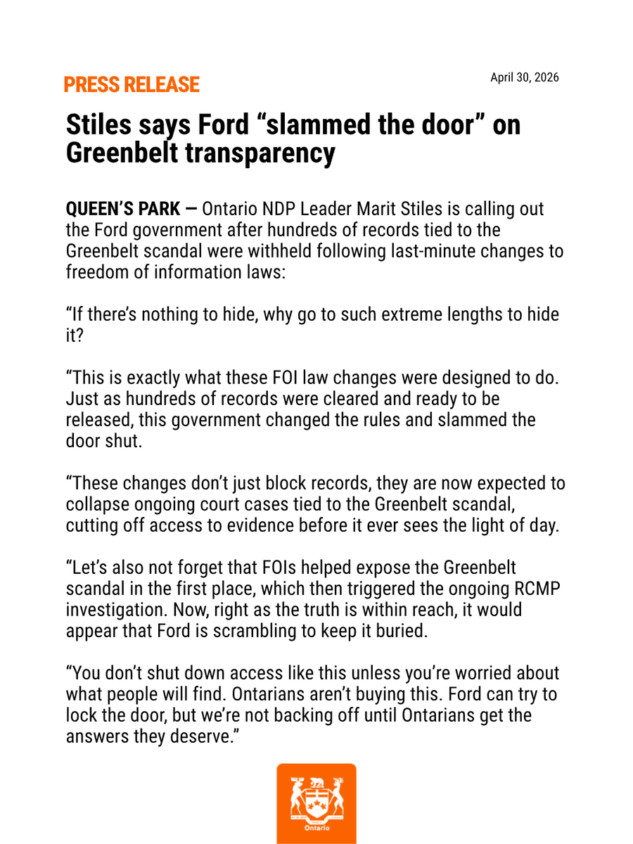 OntarioNDP's tweet image. #NEW: Stiles says Ford “slammed the door” on Greenbelt transparency