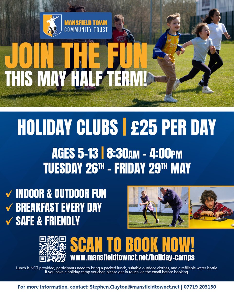 MTFC_CT's tweet photo. Keep the kids active and entertained this Half Term!

📅 26th May - 29th May
Football Camps:
✅ Skills sessions, games & challenges
✅ Fun for beginners and budding pros
✅ Safe and friendly environment

Holiday Club:
✅ Multi-sport activities & team games
✅ Creative arts & crafts sessions
✅ A fun, supervised space for kids to play and make new friends

🌟 Whether your child loves football, sports, crafts, or just having fun, there’s something for everyone!

Spaces are limited, so don’t miss out — secure your child’s place today.

🚨 Limited spaces available – book now:
👉 https://t.co/3JWd7jYdWA

#Stags