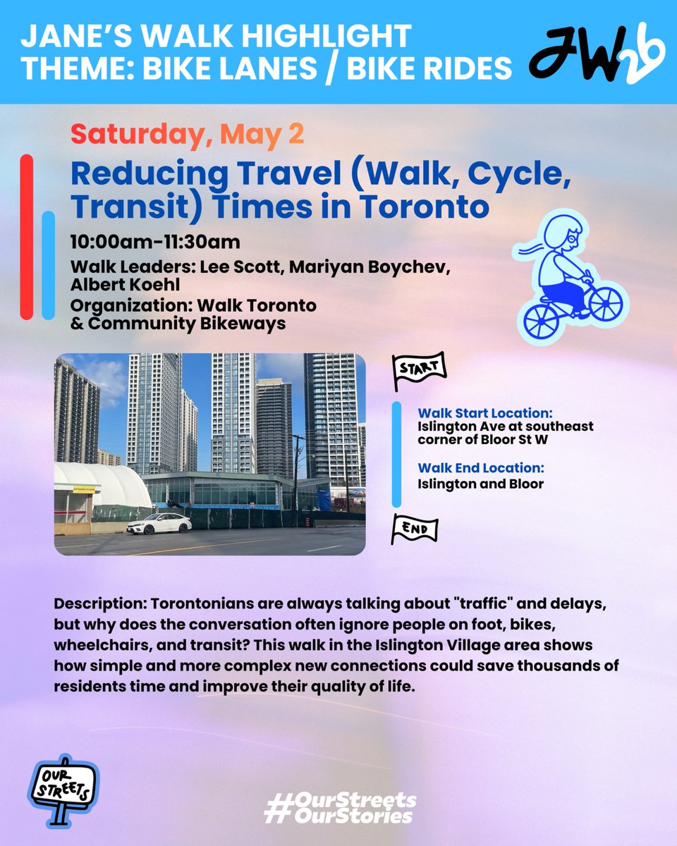 JanesWalkTO's tweet photo. 🎨 JANE’S WALK HIGHLIGHT THEME: ARTS & CULTURE

We’re highlighting community walks connected through shared themes across the festival. This series focuses on arts, culture, nightlife, food, architecture, and creative expression across Toronto. #OurStreetsOurStories

🟢 Friday, May 1

🎨 Public for Whom? Art Walk / Roll  
⏰ 2:00pm–3:30pm  
👤 Emily Gillespie, Adam Cohoon, Diane Kolin, Devon Ostrom  
📍 Clover Hill Park → The Annex

🎨 Hidden Layers of Toronto  
⏰ 7:00pm–8:45pm  
👤 Alex Sein (BeardedProf416)  
📍 AGO / The Grange → Queen & Spadina

🌃 Toronto After Dark: Culture, Change & the Future of Nightlife  
⏰ 9:30pm–10:30pm  
👤 Travis Van Wyck & Cassandra Alves  
📍 Richmond & Simcoe → King St W

🔴 Saturday, May 2

🛹 Skateboarding in Toronto’s Financial District  
⏰ 1:00pm–3:00pm  
👤 Ariel Stagni & Neill Sturgess  
📍 Nathan Phillips Square → Simcoe Park

🎨 Graffiti Alley  
⏰ 12:30pm–1:15pm  
👤 Mathew Mac Lean  
📍 585 Queen St W → Queen & Spadina

👗 Unmentionables: Beneath the Skirts of 19th Century Toronto  
⏰ 11:00am–12:30pm  
👤 Mackenzie House Museum staff  
📍 Mackenzie House → King & York

🌳 Parks, Public Art and Hidden Places  
⏰ 11:00am–12:30pm & 2:00pm–3:30pm  
👤 Xinqi Wang & Christine Huynh  
📍 Eglinton Station → Eglinton Park

🟣 Sunday, May 3

🖼️ Fort York Boulevard Art Walk  
⏰ 10:00am–11:30am  
👤 Andrew Varden  
📍 CityPlace → June Callwood Park

🏮 Reading Chinatown: Stories Behind the Signs  
⏰ 3:00pm–4:30pm  
👤 Rylie Lee & Savannah Cheung  
📍 AGO staircase → 337 Spadina Ave

🥮 Portuguese Natas Tour along Rogers Road  
⏰ 10:30am–12:00pm  
👤 Gio Restrepo  
📍 579 Rogers Rd → 440 Rogers Rd

No registration required — just show up, walk, listen, and connect. #OurStreetsOurStories