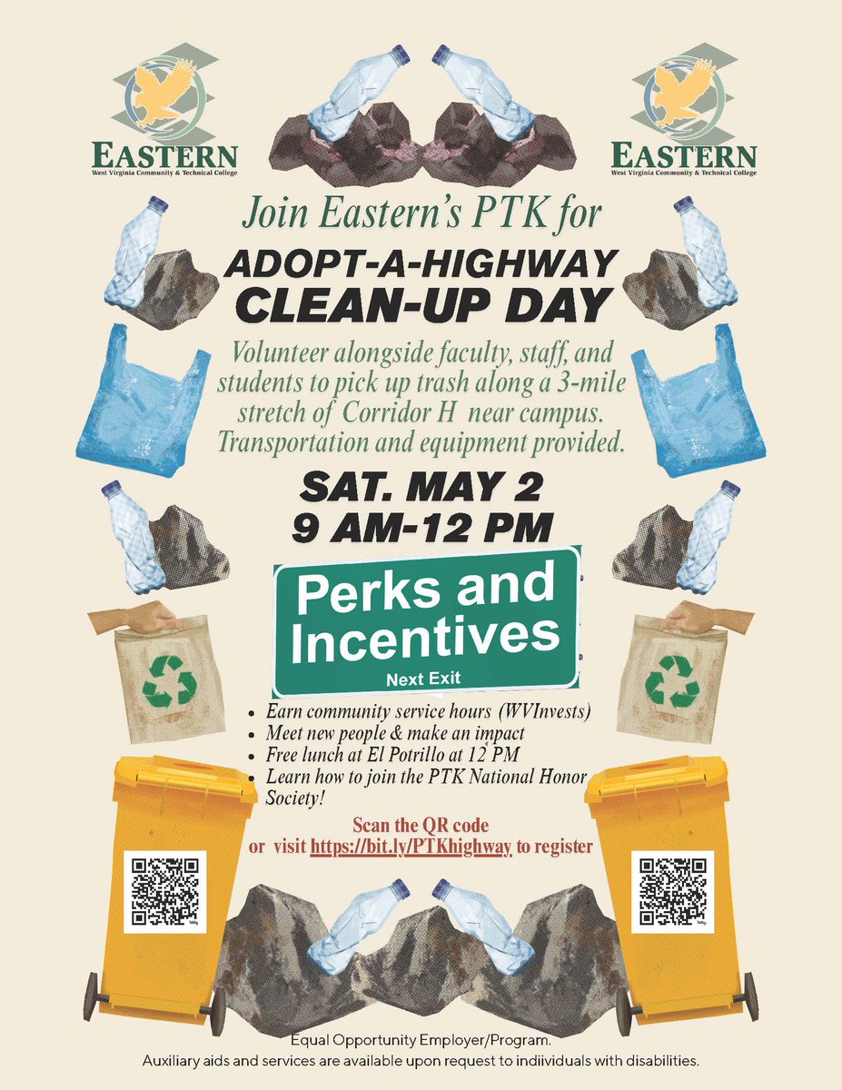Join Eastern's PTK for Adopt-A-Highway! 🧹 Help clean up Corridor H and make an impact on our environment.

🗓️ Sat, May 2 | 9 AM – 12 PM
📍 Meet at EWVCTC
🎁 Earn service hours + FREE lunch at El Portillo!

Register: bit.ly/PTKhighway

#DiscoverEWV #AdoptAHighway #PTK