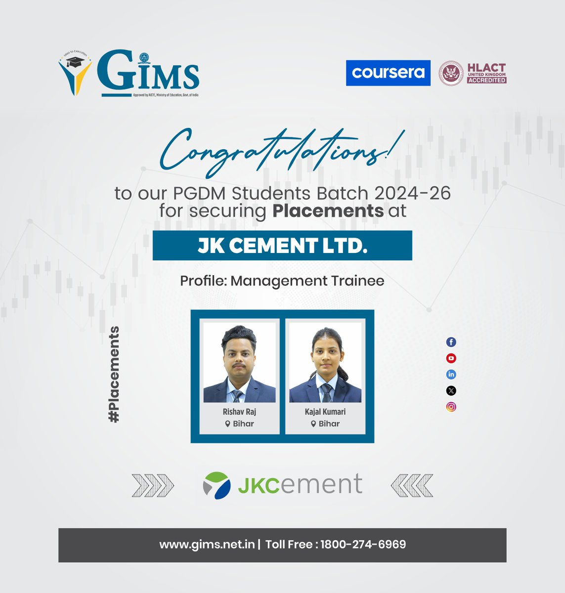 gims_net_in's tweet image. GIMS congratulates the PGDM Batch 2024 to 26 student on securing placement at JK Cement Ltd marking a proud milestone and career beginning 
#placements #GIMS #Success #CareerGrowth #CorporateLife