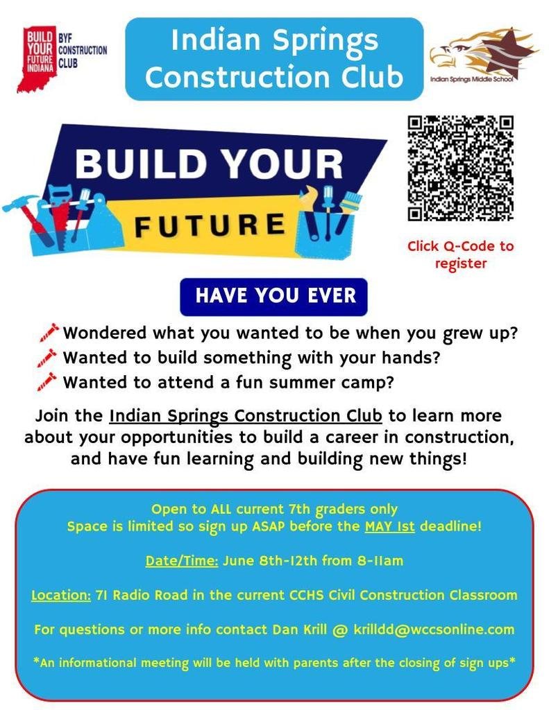 ismswccs's tweet photo. UPDATE: Registration for our summer Construction Club is now open to ALL ISMS students!  This camp is completely free and a great way for Eagles to learn hands-on building skills.   Use the QR code to sign up by this Friday or email Dan Krill with questions. https://t.co/ZvwrBXLt4E