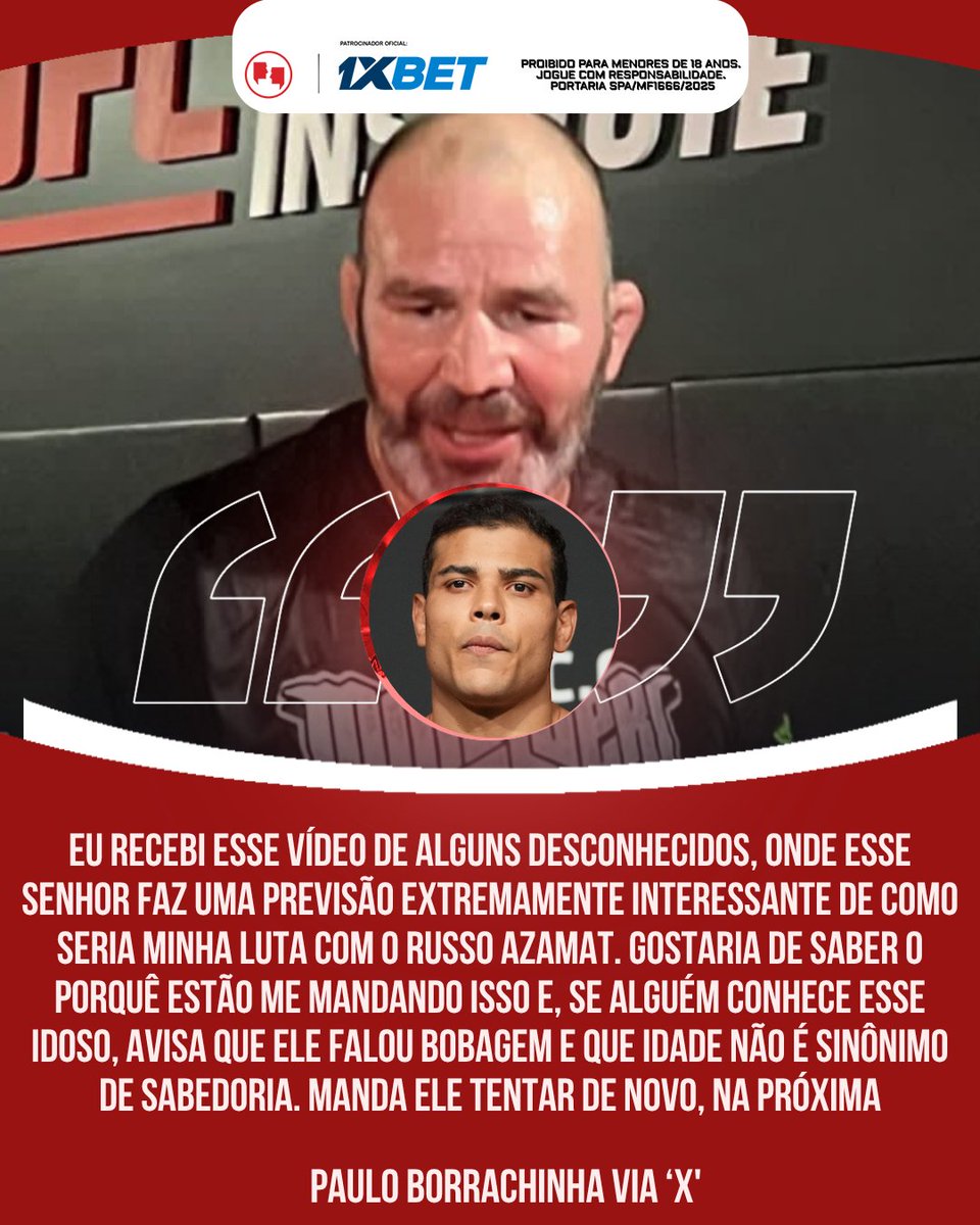 AgFight's tweet image. DEU O QUE FALAR 👀

Após ser apontado como azarão por Glover Teixeira para o duelo contra Azamat Murzakanov, Paulo Borrachinha não deixou barato e criticou o ex-campeão do UFC.
Climão entre os compatriotas. 🔥

#UFC #MMA #Borrachinha #GloverTeixeira