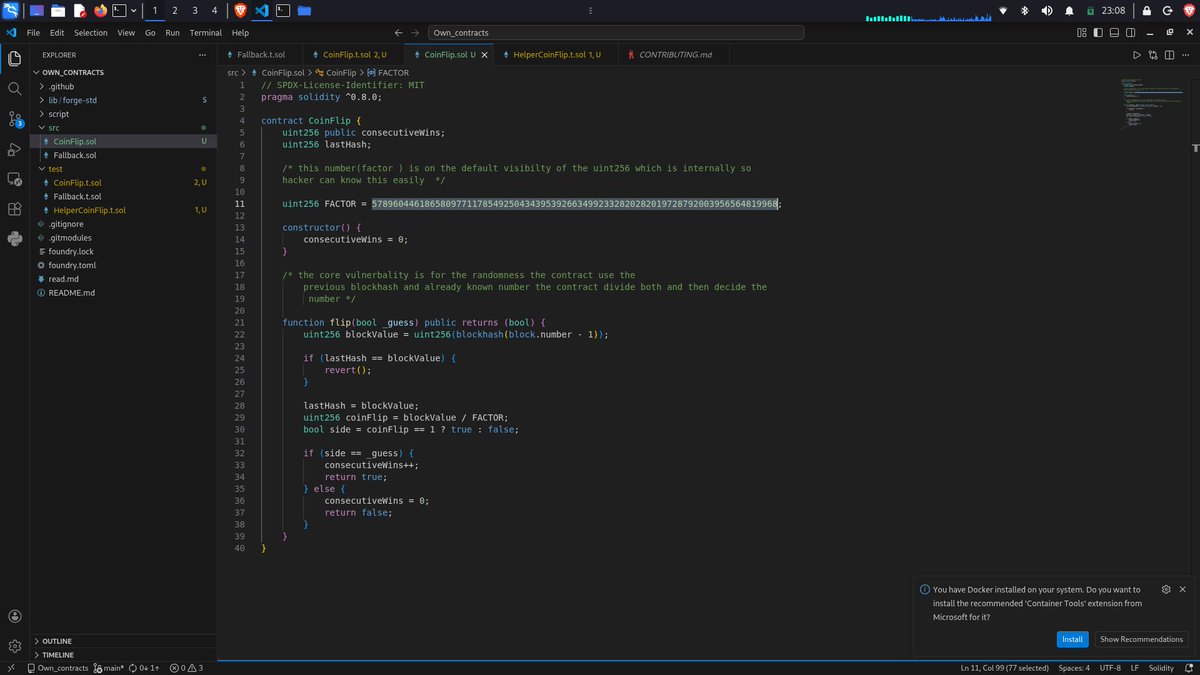 InBetaAudit's tweet image. Today’s win: moving from manual guessing to building my own PoC for Ethernaut CoinFlip HelperCoinFlip.sol to mirror deterministic logic using blockhash and the known FACTOR. Automated the attack in Foundry 
#Web3Security #Solidity #Foundry #CyberSecurity