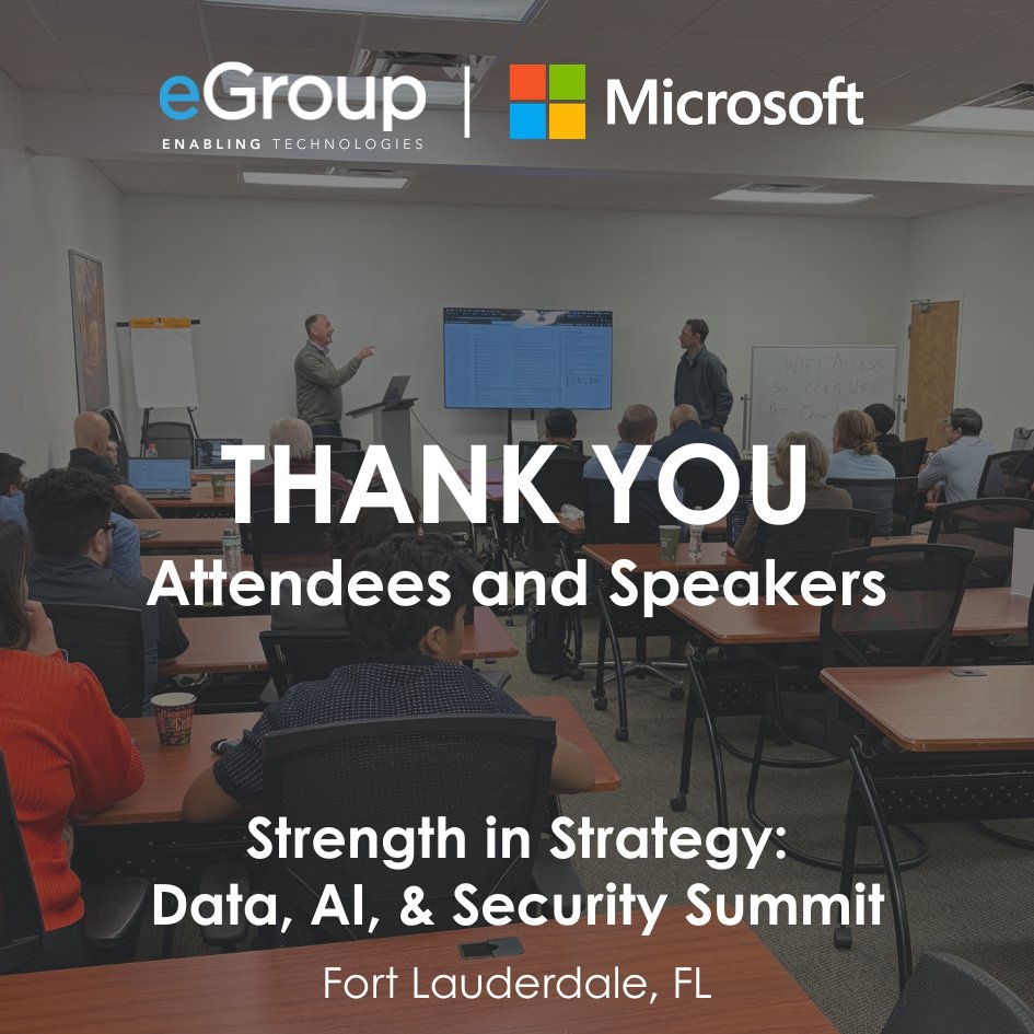 eGroup_Inc's tweet image. It was great spending the day with everyone last week at our @Microsoft #Data, #AI, &amp;amp; #Security event in #FortLauderdale. Big thanks to everyone who joined us and to the teams who made IT happen! 

Would you like us to host a Data, Security, &amp;amp; AI event near you? Drop a comment!