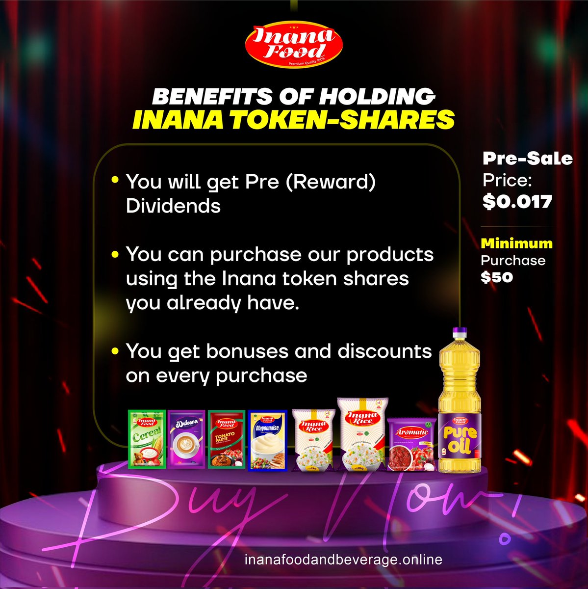 Inanafoods's tweet photo. Presale price: $0.017

Holding Inana shares comes with key benefits including earning pre-dividends, the ability to use your Inana token shares to purchase Inana products like rice, and enjoying bonuses and discounts on every purchase. https://t.co/sM3QqFV94L