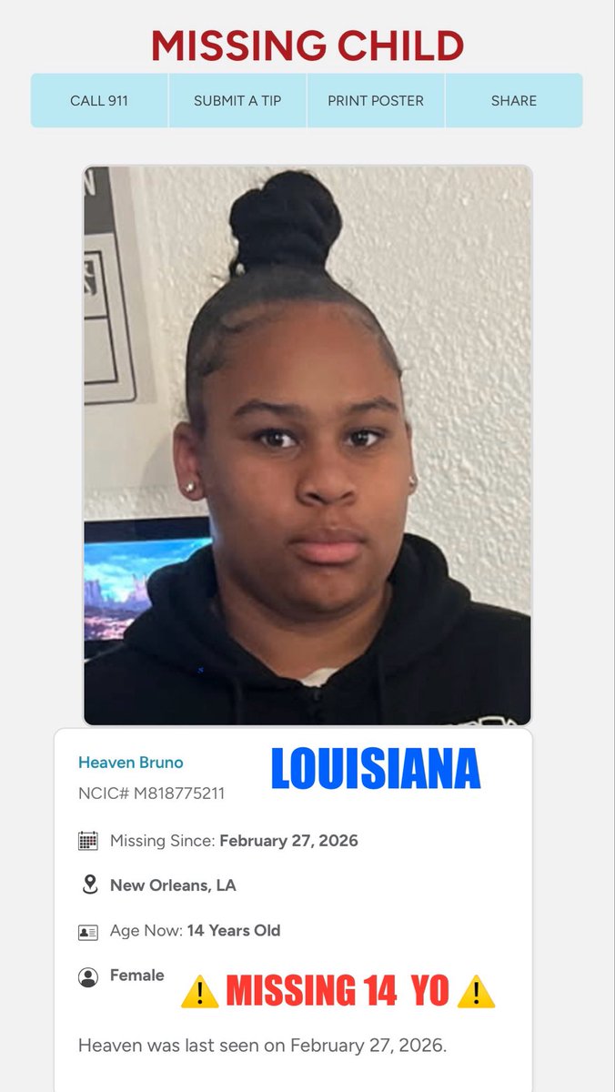 #LOUISIANA   #HeavenBruno, 14  #MissingChild ‼️Please Share‼️ #MissingPerson  #MissingPeople  ☎️New Orleans Police Department (LA) (504) 821-2222    missingkids.org/poster/NCMC/20…