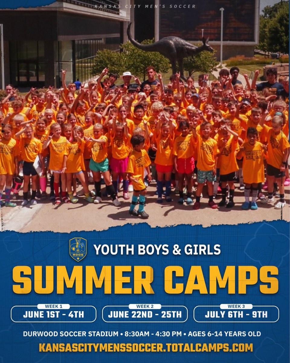 KCRoosMSoccer's tweet photo. 🚨Roos Summer Camps are coming up!🚨
Join us this Summer at UMKC!

Camps includes:

⚽️ Soccer, 🍽️ Lunch, 🎥 Movies, &amp; 🏊 🏊‍♀️ Swimming

📍UMKC • Durwood Soccer Stadium

👦 👧 Ages 6-14

𝗥𝗲𝗴𝗶𝘀𝘁𝗲𝗿 𝗵𝗲𝗿𝗲 𝗼𝗿 𝗹𝗶𝗻𝗸 𝗶𝗻 𝗯𝗶𝗼:
https://t.co/IA9tWZHt1K

#RooUp🤘 https://t.co/d5poosw8Qj
