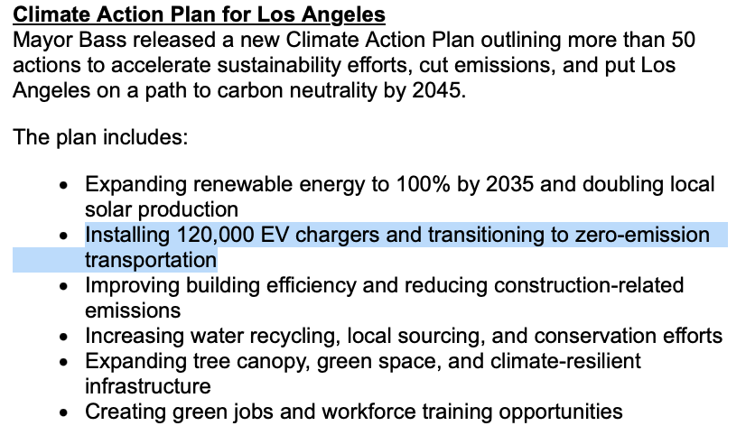 schneider's tweet photo. Amazing to me that the @MayorOfLA sent out an email update on her plans for climate action improving infrastructure and there's zero mention of bike or bus lanes, Measure HLA, first/last mile to Metro, or anything else that would actually help reduce VMT. Instead it's about EVs! https://t.co/ijCc3prOm8