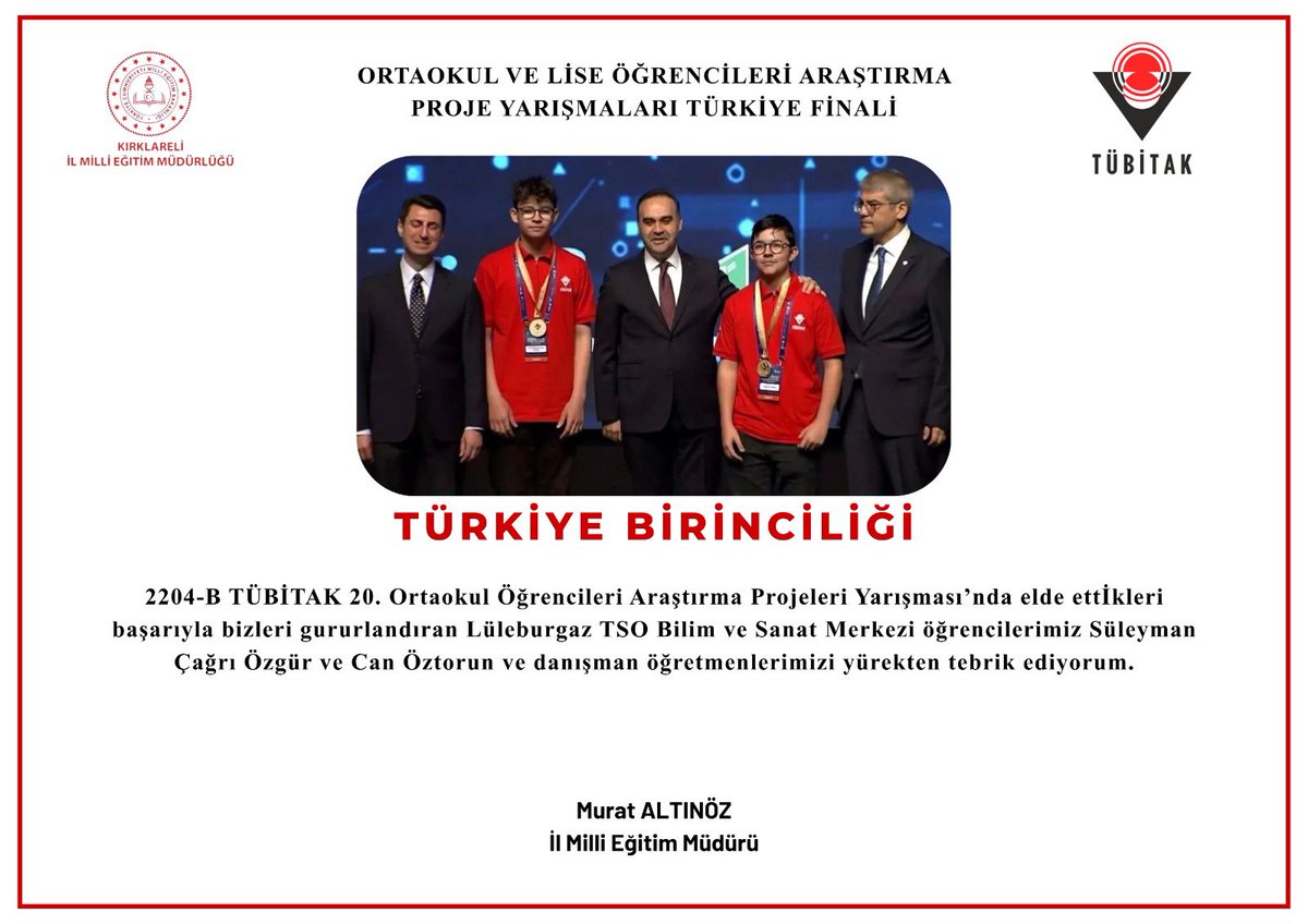 kirklarelimem's tweet photo. Öğrencilerimizi elde ettikleri bu anlamlı başarıdan dolayı gönülden tebrik ediyor; Türkiye birinciliği ve Türkiye üçüncülüğü gibi önemli derecelerle bizlere büyük bir gurur yaşattıkları için kendilerine teşekkür ediyorum.
Bu başarıda emeği geçen değerli öğretmenlerimize ve desteklerini esirgemeyen kıymetli velilerimize de ayrıca şükranlarımı sunuyorum.

Murat ALTINÖZ
İl Milli Eğitim Müdürü

@tcmeb @valikirklareli @ugurturan68
