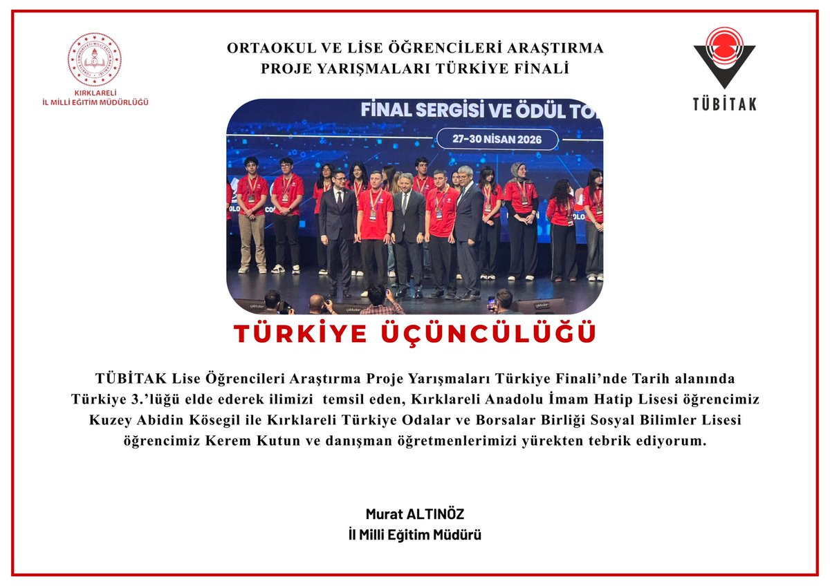kirklarelimem's tweet photo. Öğrencilerimizi elde ettikleri bu anlamlı başarıdan dolayı gönülden tebrik ediyor; Türkiye birinciliği ve Türkiye üçüncülüğü gibi önemli derecelerle bizlere büyük bir gurur yaşattıkları için kendilerine teşekkür ediyorum.
Bu başarıda emeği geçen değerli öğretmenlerimize ve desteklerini esirgemeyen kıymetli velilerimize de ayrıca şükranlarımı sunuyorum.

Murat ALTINÖZ
İl Milli Eğitim Müdürü

@tcmeb @valikirklareli @ugurturan68