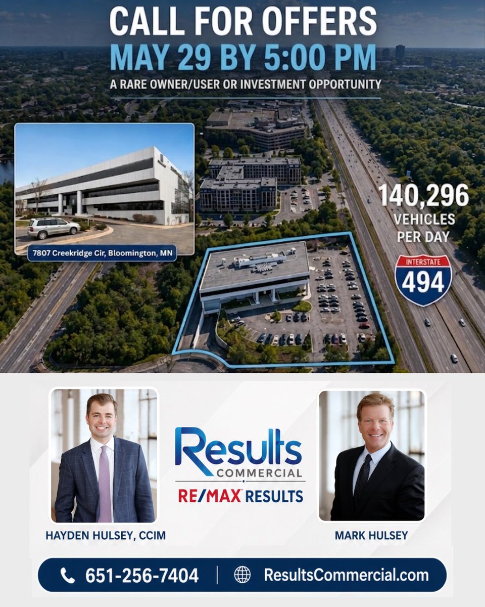 ResultsCRE's tweet photo. CALL FOR OFFERS
Friday, May 29,  5:00 PM CST

Office Golf Building - 7807 Creekridge Circle, Bloomington, MN 

Mark Hulsey &amp; Hayden Hulsey, CCIM for financials &amp; tours.

#minnesotacommercial #BloomingtonMN #RealEstateInvesting #ResultsCommercial https://t.co/AjSu8kxaid