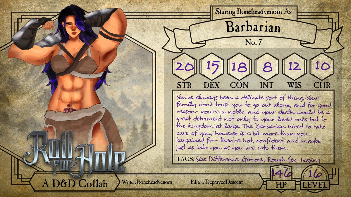 DescentDepraved's tweet photo. ROLL FOR HOLE CAST  NUMBER SEVEN: 
THE BARBARIAN

Script Writer: @boneheadvenom 
Va: @boneheadvenom 
Editor: @DescentDepraved https://t.co/vCbF4U7LUX
