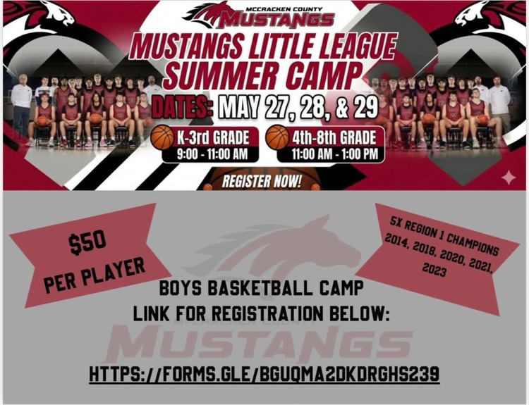 gomccracken's tweet photo. Registration for MCHS Mustangs Boys Little League Basketball Camp is now open! The camp is for any boy going into grades K-8th, and will be held on May 27, 28, &amp; 29 at MCHS.

Registration Link:
https://t.co/q4Y9kg3E9U https://t.co/ERua73NF02