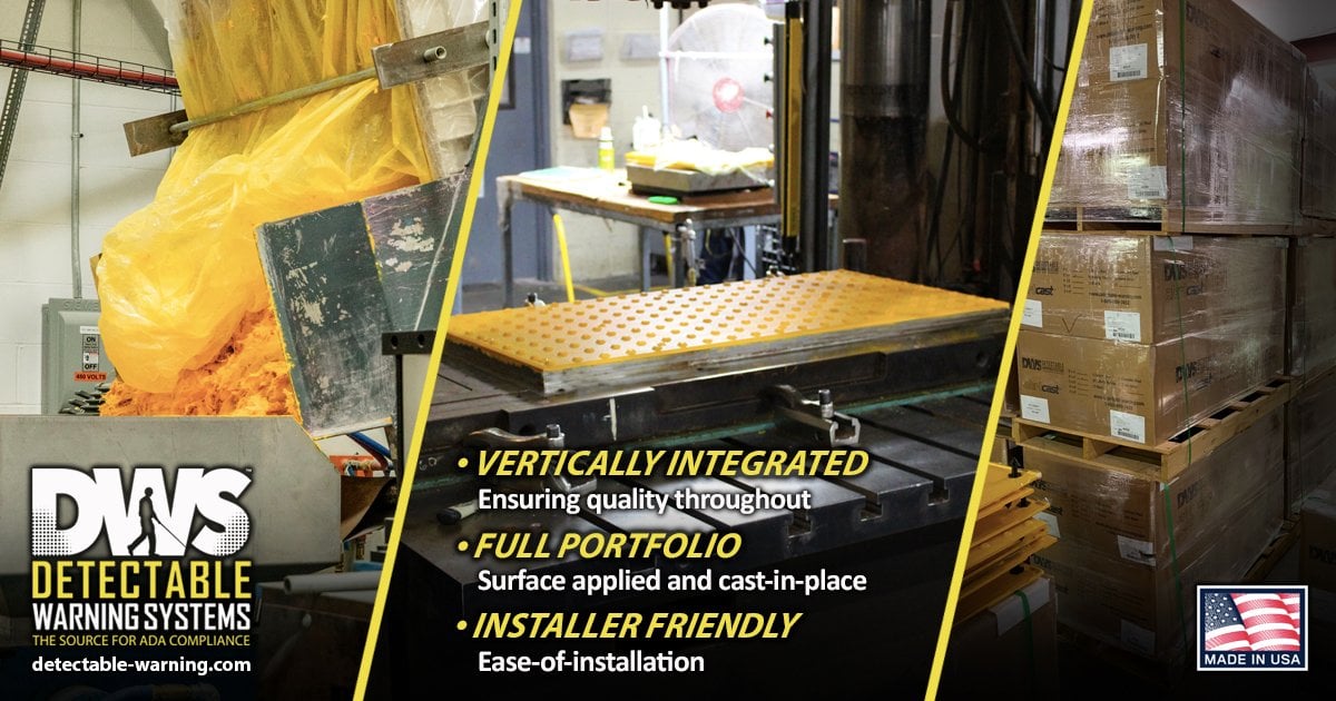 detectable_warn's tweet photo. Through vertical integration we can ensure the quality of our products beginning with materials engineering and throughout the entire manufacturing process. Learn more about DWS and our portfolio of products through our site: https://t.co/VAWOeldq7J #ADA https://t.co/YKmt0M7cAb