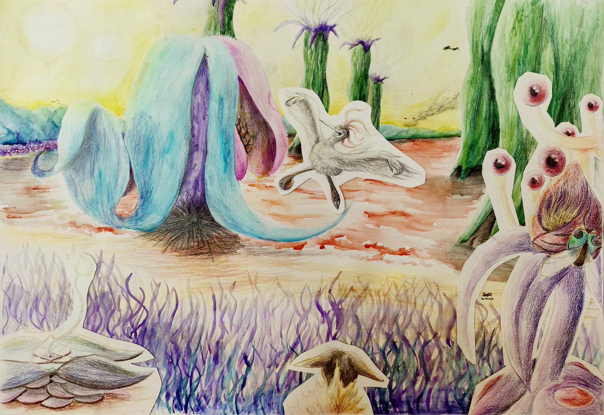 _M5X2_'s tweet photo. El planeta Dexema 🪐

Este enorme dibujo fue hecho con lápices y acuarelas, empezando desde febrero con algunos bocetos y diseños originales.

Para hacerlo más interesante, dibujé más cosas en otro papel y los pegué en el principal. https://t.co/r0cyWTCj2w