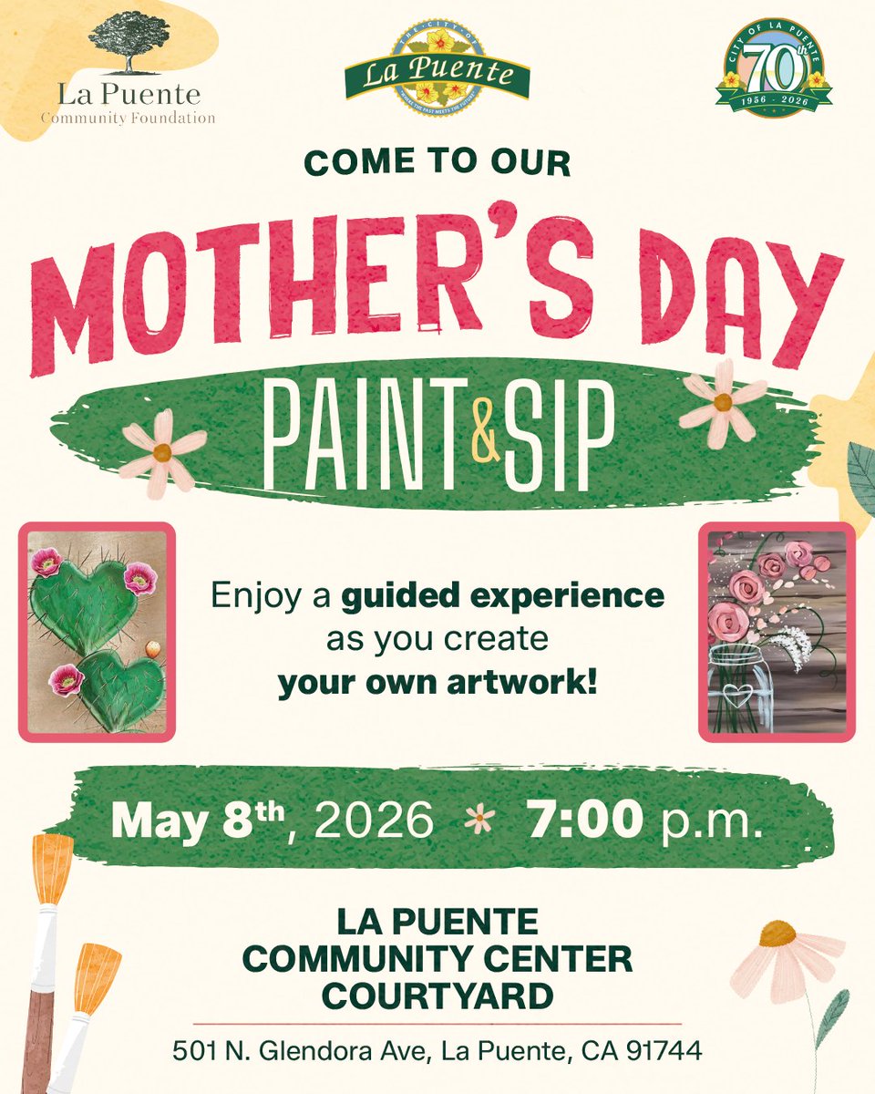 CityofLaPuente's tweet image. 💐✨ Mother’s Day Paint &amp;amp; Sip!
A fun, creative night to celebrate Mom. 🎨💝

📅 May 8 | 🕖 7 PM
📍 LP Community Center

🎟️ $30 adults | $20 kids
🔗 square.link/u/dPNNTVx8

#LaPuente #MothersDay #Community