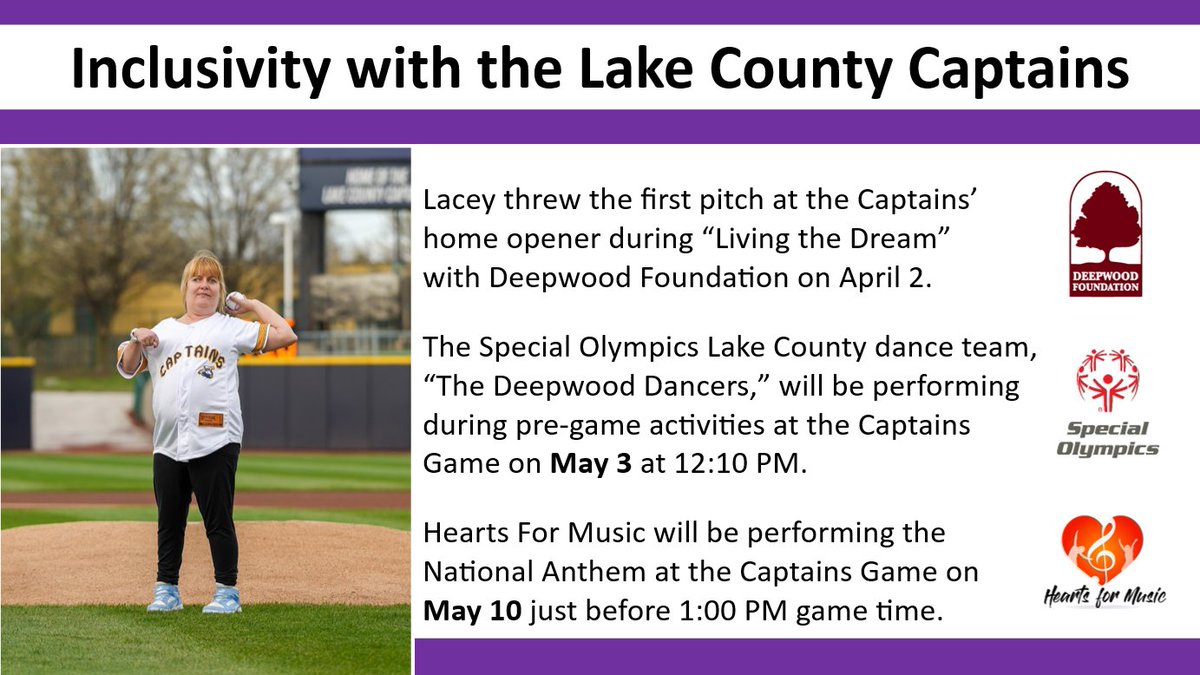 DeepwoodLake's tweet image. The @LCCaptains inspire #inclusion! Captch one of these upcoming games in May!
- The @SOOhio Lake County #DeepwoodDancers will perform pregame on May 3 at 12:10 PM. 
- #HeartsForMusic will perform the #NationalAnthem on May 10 at 1:00 PM. 
#EmpowerEngageEnrich @MiLB