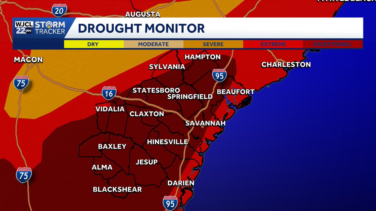 jnelsonWJCL's tweet image. Drought monitor released today shows expanding drought. However, this does not take into account the rain the last couple days. We may see some improvement in the next update. #Savannah