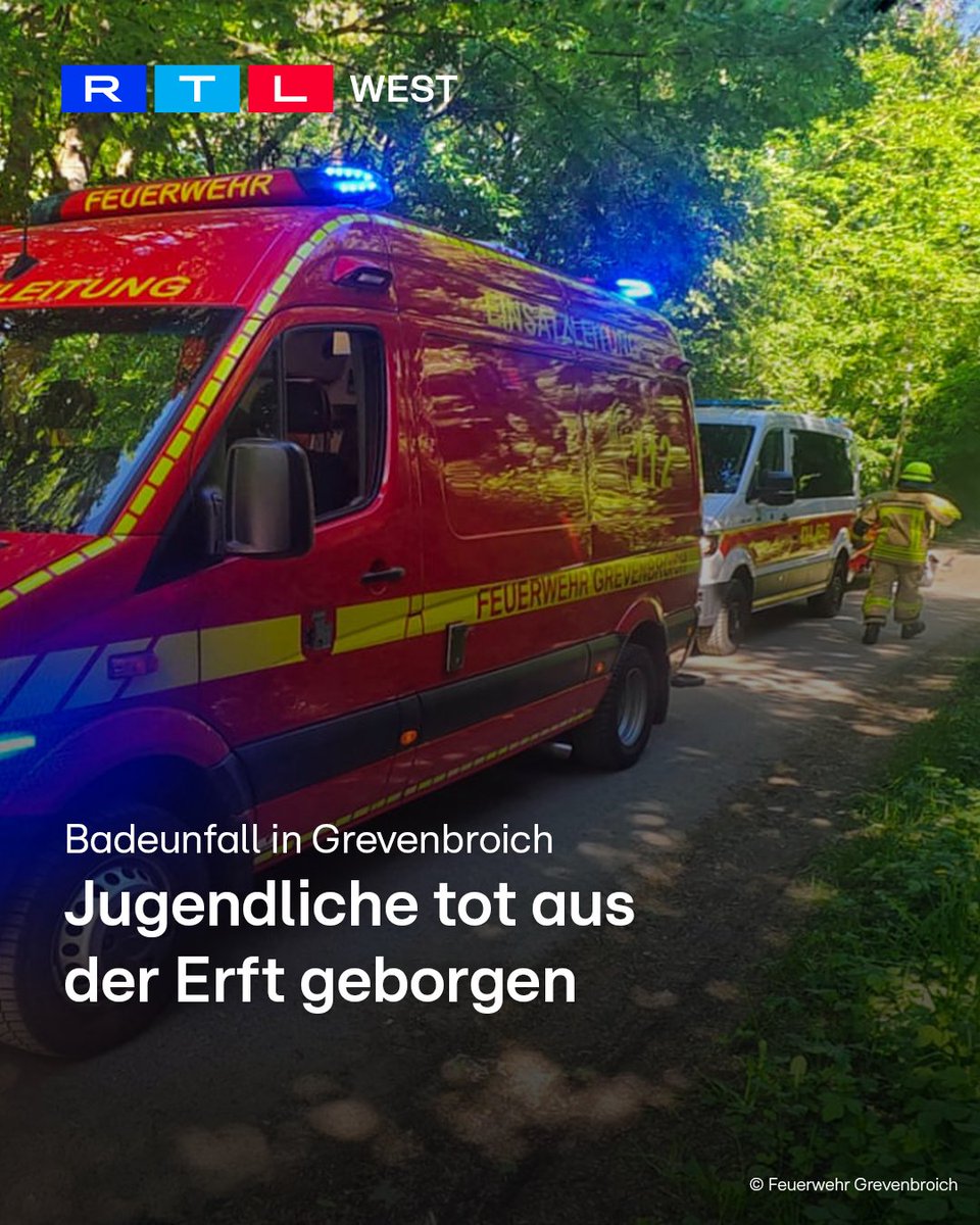 RTLWEST's tweet photo. In #Grevenbroich (Rhein-Kreis #Neuss) ist eine Jugendliche in der #Erft ertrunken. Sie war am Donnerstagnachmittag (30.04.) mit anderen Jugendlichen im #Fluss schwimmen. Gegen 14:05 Uhr ging bei der Leitstelle ein #Notruf ein, nachdem sie plötzlich untergegangen war. Einsatzkräfte von #Feuerwehr und #Wasserrettung suchten das Gebiet mit rund 70 Kräften ab. Die Suche blieb zunächst erfolglos. Erst nach etwa 1 Stunde und 45 Minuten entdeckte ein Tauchtrupp die Jugendliche unter Wasser. Eine Notärztin konnte nur noch den #Tod feststellen. Die #Polizei hat #Ermittlungen zum genauen Hergang aufgenommen. Das Schwimmen in der Erft ist verboten, da es dort gefährliche Strömungen und nicht einsehbare Tiefen gibt.