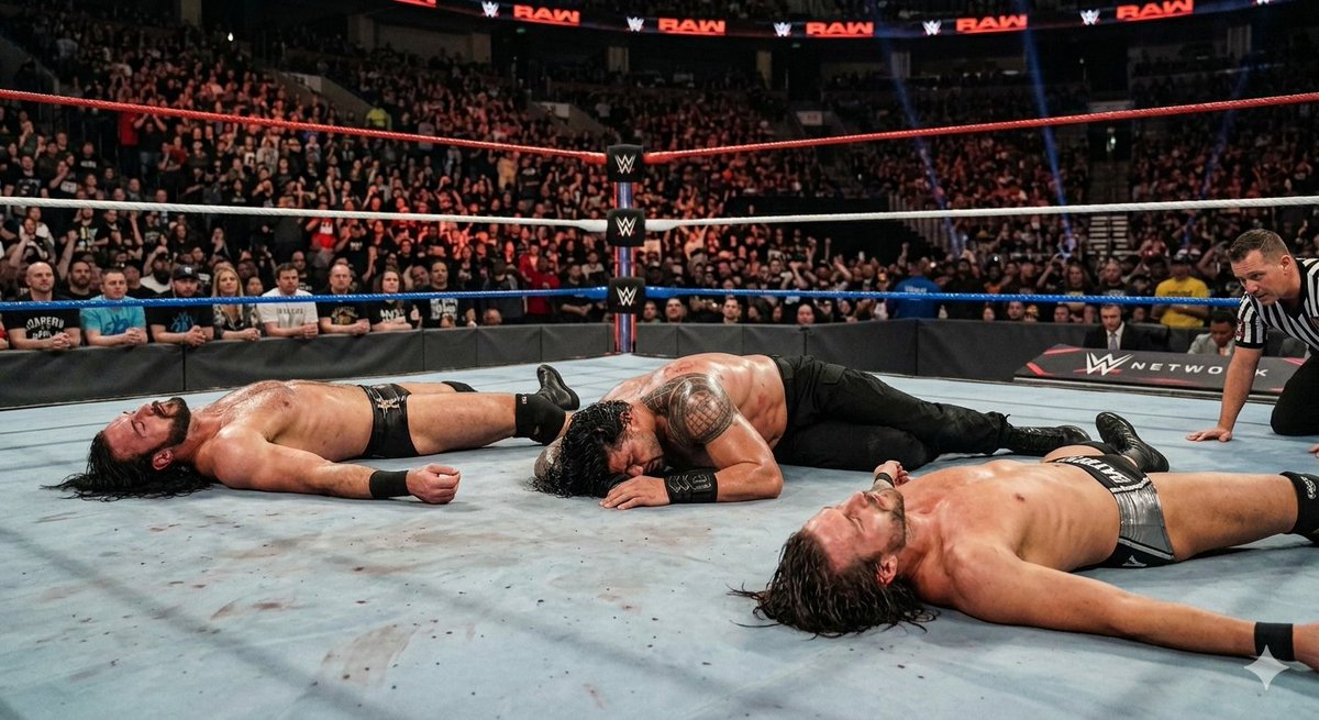WSWFederation's tweet photo. The Wrestle Warfare Night 1 main event has already been an absolute massacre. Over 89,000 fans inside the stadium are on their feet.

Inside the ring, the canvas is stained, and the bodies of all three men— @WSWAlanMcIntyre, @RastogiEmpire, and @AdamCarl2005—are laid out https://t.co/gDVjVPxJfo