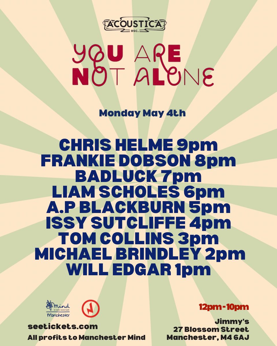 mrbenjitaylor's tweet photo. Set times for Sunday and Mondays You Are Not Alone Festival at Jimmys in Manchester!

You can still get tickets for both days (Monday nearly all gone) or buy a 2 day pass https://t.co/zKHk16UQBc

All profits to the wonderful @ManchesterMind 💙 https://t.co/mNSR72mTrj