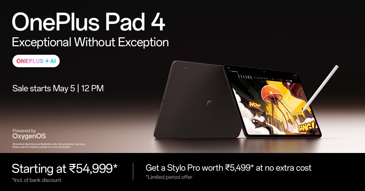 ManishAmbadiya's tweet image. OnePlus Pad 4 officially launched in India 🇮🇳
▪️ 13.2" 3.4K (3392×2400) LCD, 144Hz, 1000 nits HBM
▪️ Snapdragon 8 Elite Gen 5 🐉 + Adreno 840 GPU
▪️ LPDDR5X RAM &amp;amp; UFS 4.1 storage (up to 12GB/512GB)
▪️ Massive 13,380mAh battery 🔋 with 80W fast charging ⚡
(1/2)