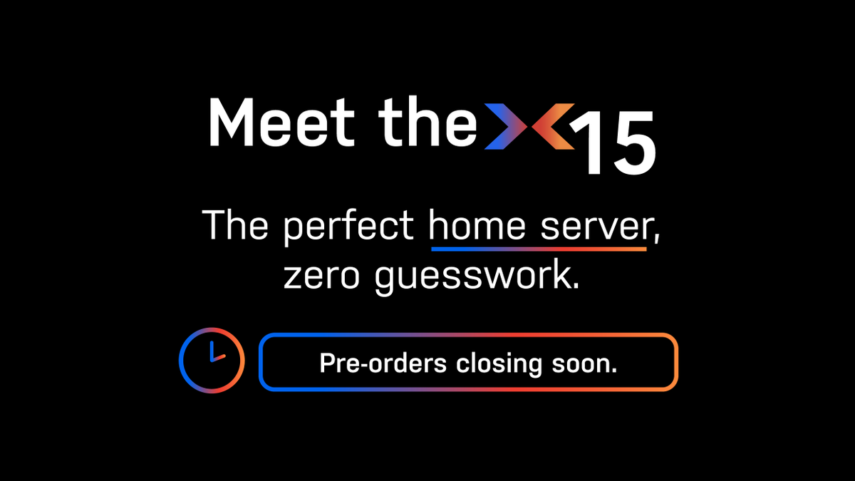 UnraidOfficial's tweet photo. Engineered Together. We took the guesswork out of the perfect home server build so you don't have to.  

⏳ Don't miss out! Pre-orders are closing soon! Secure your X15 today with a fully refundable deposit. Every unit includes an Unraid Lifetime license: https://t.co/Q2JU2IToKu https://t.co/0fFy9Xfk1Y