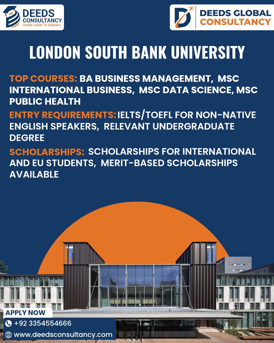 deedsconsult's tweet image. #LondonSouthBankUniversity @LSBU

🎓 Courses: #Business,#DataScience, #PublicHealth
💡 #Scholarships: International &amp;amp; merit

#DeedsAcademy #TopConsultancy #OnlineDeedsAcademy #TopConsultancyPakistan 

@LSBU_HSC @LSBU_BUS