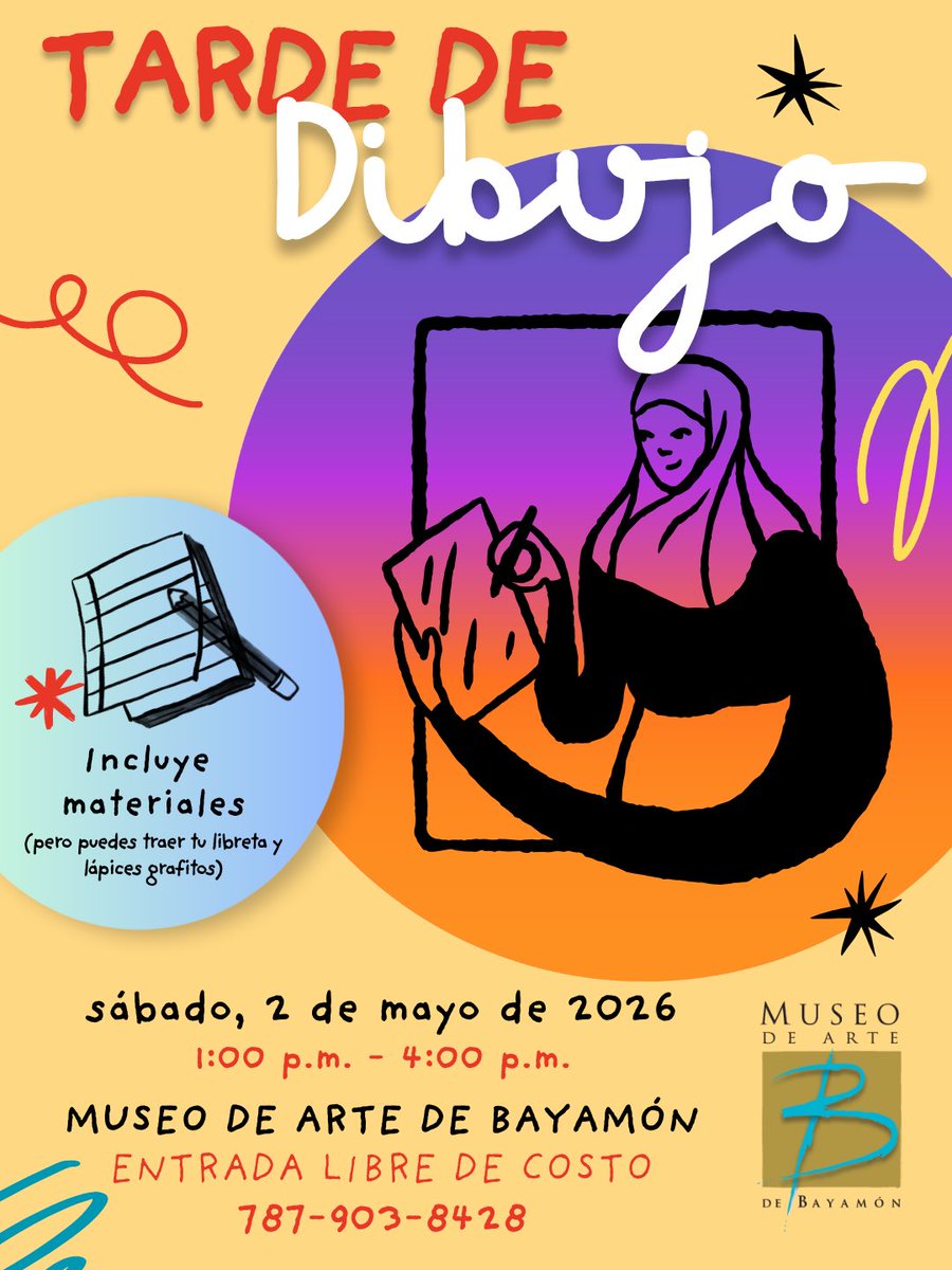 MuseoMAB's tweet photo. 📣 ¡Este sábado! 📣 Visítanos para una tarde de dibujo libre en sala y deja que las obras te inspiren mientras exploras la línea, la forma y tu propia mirada.
Entre 1:00PM a 4:0PM. Edad 4+
Recurso: Equipo MAB.
787-903-8428
Libre de costo. Incluye materiales. https://t.co/5PRUn9xhy3