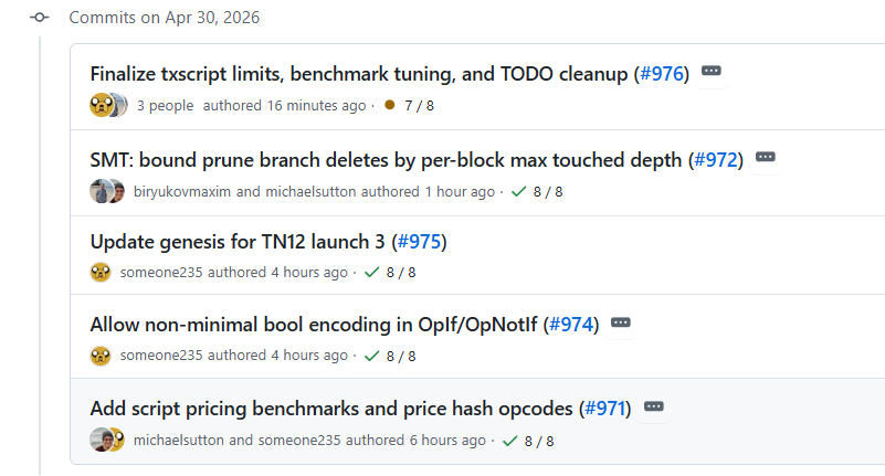 michaelsuttonil's tweet image. Toccata consensus feature freeze is finally here after a heroic last-mile push by kas core devs.

Aiming to reset TN12 tonight, or tomorrow at the latest.

Genesis update:

+ 0x6b617370612d746573746e6574 // kaspa-testnet
- 12, 2                         // TN12, Launch 2
+