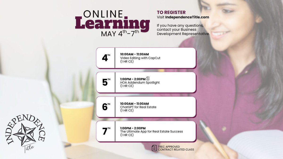 IndependenceTX's tweet image. 📚🏡 New week, new CE opportunities!

Stay compliant, sharpen your skills, and connect with fellow agents.

Save your seat 👉 tinyurl.com/mpcz69ah

#CEClasses #RealEstateEducation #StaySharp #IndependenceTitle