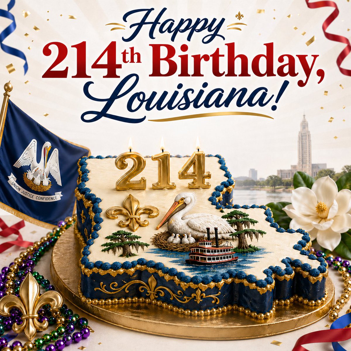 LAGOP's tweet photo. Celebrating 214 years of statehood! 🎂
On this day in 1812, Louisiana officially became the 18th state in the Union. For more than two centuries, we’ve been unlike anywhere else in America.

Our culture is rich.
Our people are tough.
Our faith runs deep.
Our future is worth fighting for.

The Republican Party of Louisiana is proud to stand for the values that keep our state strong: faith, family, freedom, opportunity, and common sense.