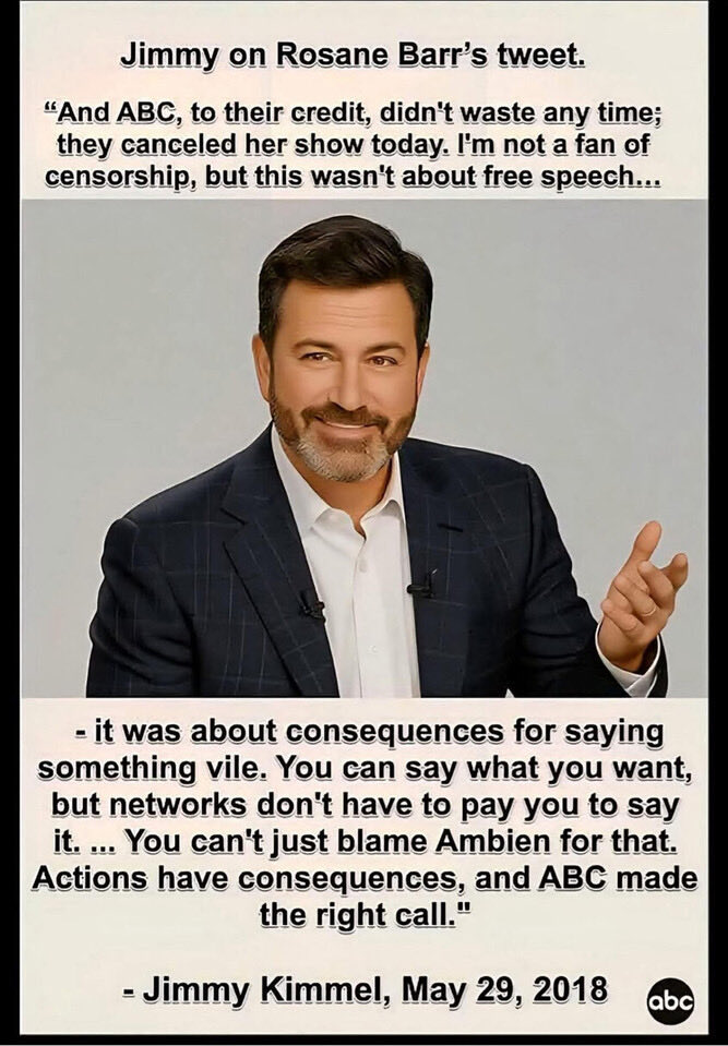 valshep05's tweet image. @ABC got rid of Roseanne for much less and Jimmy agreed! #Karma #Hypocrisy