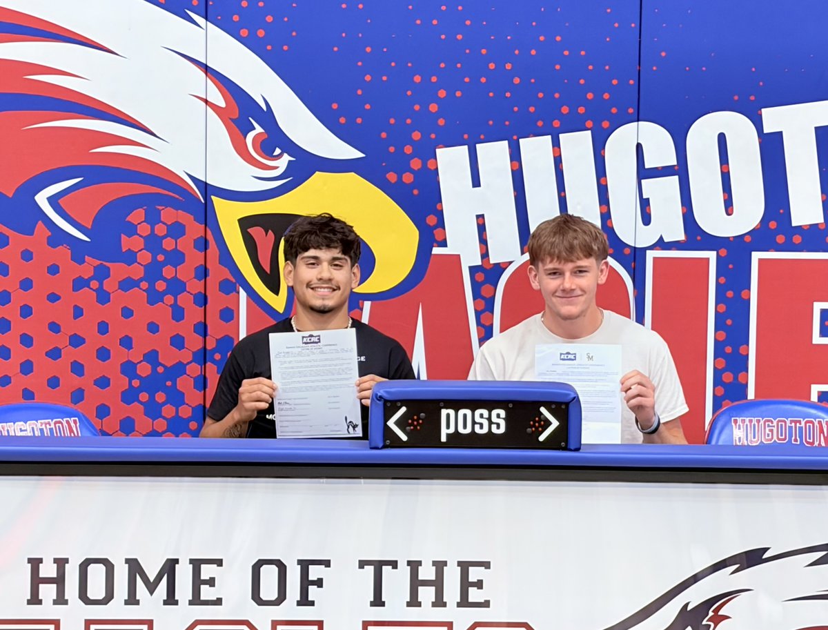 HugotonEagles's tweet photo. Congratulations to Miguel Hernandez &amp; Von Grubbs on signing their letter of intent today to compete at the next level!

Miguel will be playing football at Southwestern &amp; Von will be throwing the javelin at St. Mary's!

Congratulations &amp; best of luck to you both!
#WeR210 https://t.co/XSHBXh2jjm