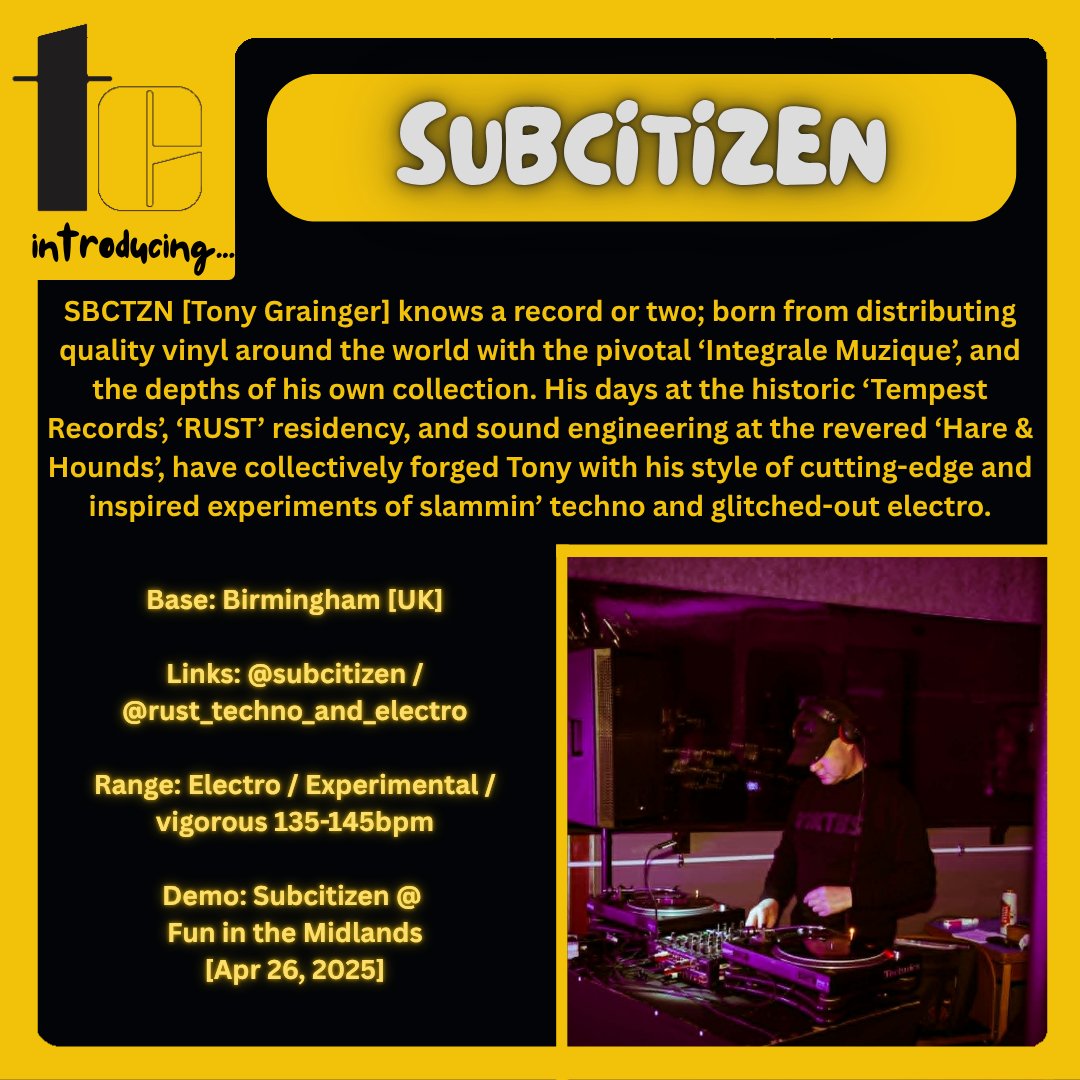 wearetechnocafe's tweet image. introducing...

👤 Subcitizen
🖇️ instagram.com/subcitizen / instagram.com/rust_techno_an…
🎚️ Electro/Experimental/135-145bpm
💽 Subcitizen @ Fun in the Midlands [April, 2025] [mixcloud.com/SUBCITIZEN/sub…

📍@DarkHorseMosele/Birmingham
🗓️Sat 9th May

#technocafe #events #birmingham #techno