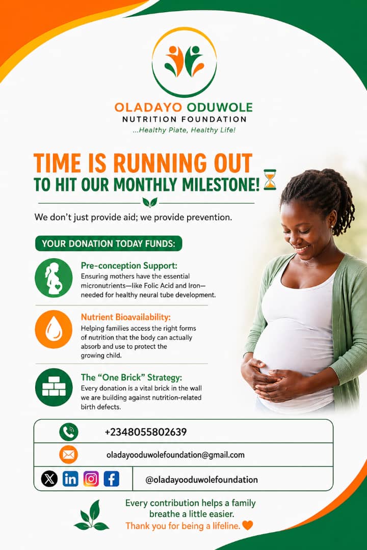oon_foundation's tweet photo. Time’s almost up to hit our monthly goal.

We fund prevention, closing nutrition gaps before and early in pregnancy.

Donate: UBA | OLADAYO OLASENI ODUWOLE NUTRITION FOUNDATION | 1029914518
🔗 https://t.co/UcBHcjX8OO

Every contribution counts.
#OONF #PreconceptionNutrition https://t.co/WS1Bp68N5b