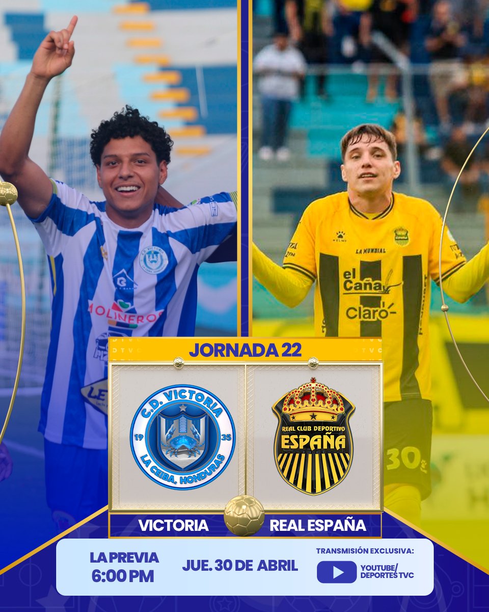 DeportesTVC's tweet image. ¡SALVACIÓN O LIDERATO! 🇭🇳⚽
Victoria busca ganar y que Choloma pierda para salvarse, o forzar una final por el descenso. Real España va por el primer lugar y la cabeza de serie.

Jornada 2️⃣2️⃣
#VICTORIA 🦀 🆚 🚂 #REALESPAÑA
🗓️ Hoy: 7:00 PM
📺 En exclusiva por YouTube Deportes TVC