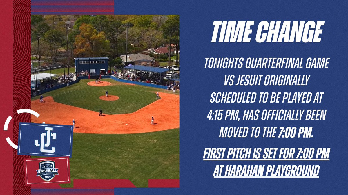 JohnCurtis_BSB's tweet photo. 🚨 Game Time Update 🚨

Our Game 1 Quarterfinal Playoff game originally scheduled for 4:15 PM, has officially been moved to 7:00 PM at Harahan Playground.

#PatriotPower #BCFL https://t.co/zQcbY04JNH