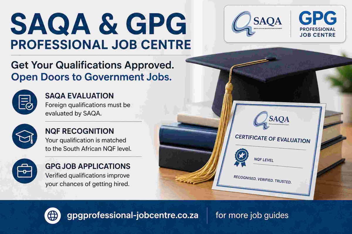 GPGVACANCIES's tweet image. SAQA Evaluation Guide for GPG Vacancies 2026
How to verify your international degree for Gauteng Government jobs.

Applying  with a foreign degree?
No SAQA = No Interview.
New 2026 Fees: R2361 (1st qualification)

Details: gpgprofessional-jobcentre.co.za/saqa-gpg-jobs-…

 #SAQA #JobsSA #Z83