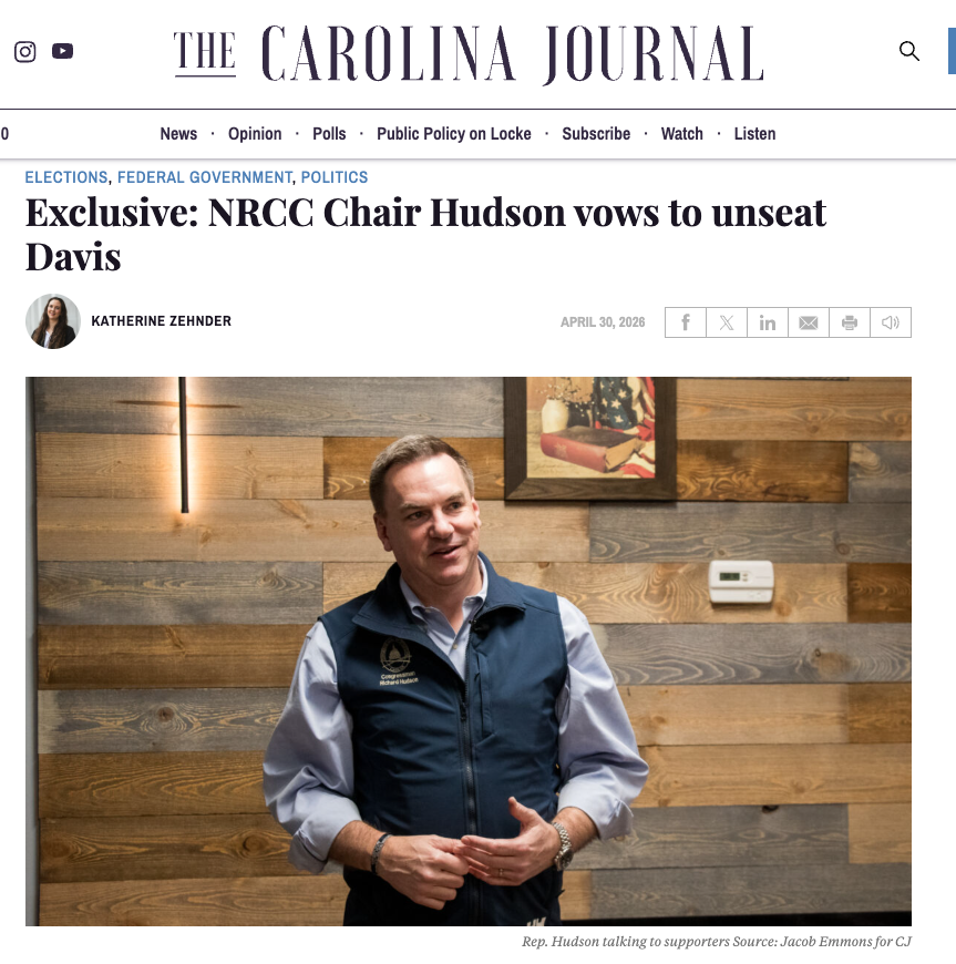 WillKiley's tweet photo. NEW in @CarolinaJournal w/ @Katie_rz: 

 "...over and over again, [@DonDavisNC] has sided with the liberals in Washington against families in eastern North Carolina." - NRCC Chair @RepHudsonNC 

The @NRCC and @lauriebuckhout will retire Davis in 2026 and flip #NC01 red. https://t.co/xli3Z9UF8D