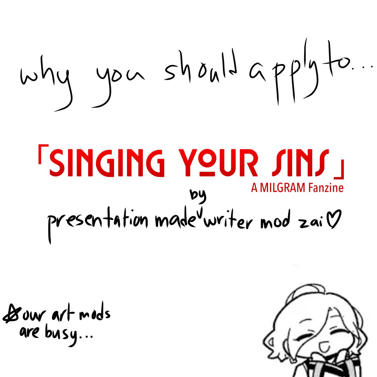 singingyoursins's tweet photo. 🗝️ Today, we have a special presentation by writer mod @zai_the_zesty (more in replies!)

Contributor applications are open until May 9th!! Application forms can be found on our site. (link in bio/pinned)
#milgram_fa #zine #01_m #02_m #03_m #04_m #MILGRAM https://t.co/kHI7CUFo2E