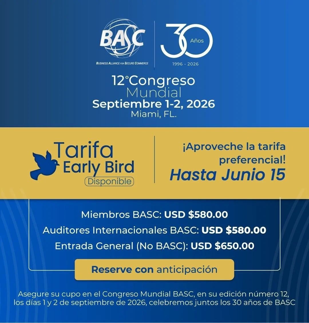 BASCSurOccident's tweet photo. Asegure su participación en el 12° Congreso Mundial BASC - 30 años.
📅 Fecha: Septiembre 1-2, 2026
🎟️ Cupos limitados
El Congreso Mundial BASC reúne a importantes e influyentes líderes del sector privado y público de las Américas, y a expertos del mundo
🔗https://t.co/89TW8PYJsG https://t.co/1PuOXTLYeu
