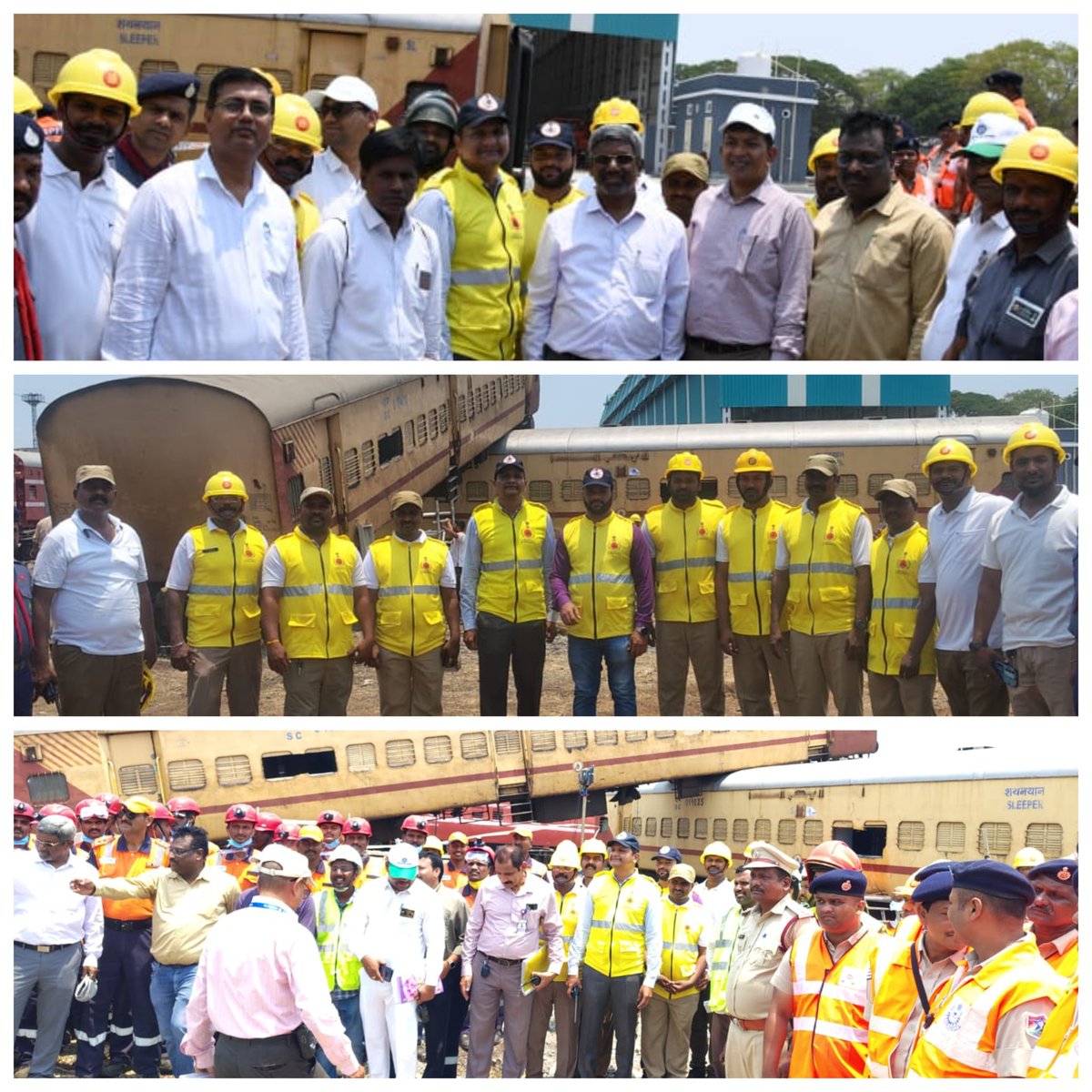 SCRCivilDefence's tweet photo. SCR Civil Defence took part in a joint mock drill at Kazipet on 29th April with NDRF, SDRF, Rly BD &amp; Medical teams.The exercise focused on BLS,fire safety &amp; rescue operations in the presence of PCSTE, ADRM/SC &amp; officials from HQ &amp; SC @RailMinIndia @DGFSCDHG @SCRailwayIndia @drmsc https://t.co/yggMH5J9Qc