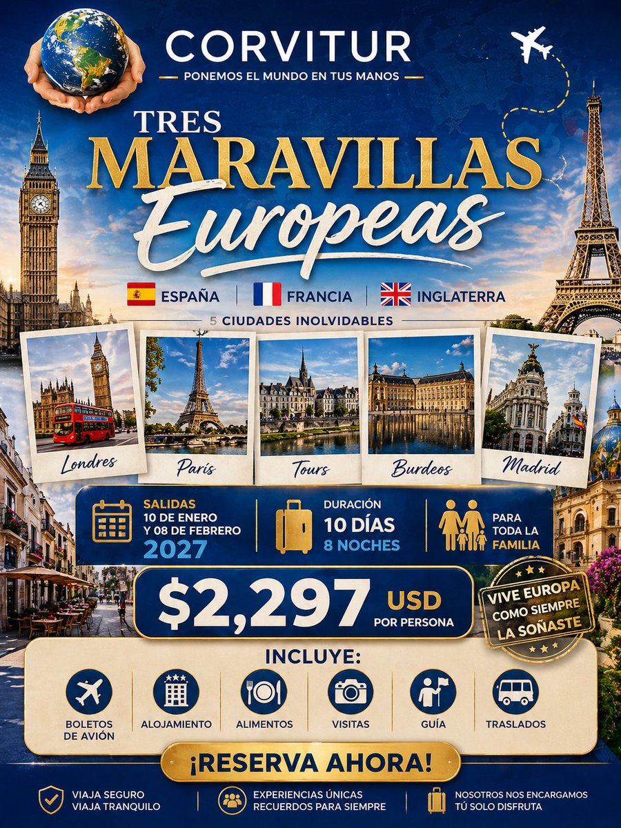 Corvitur's tweet photo. ¡VIVE EUROPA COMO SIEMPRE LA SOÑASTE! 🏰✈️
✨ ¡ASEGURA TU LUGAR CON SOLO $500 USD! ✨
📍 10 días recorriendo 3 países y 5 ciudades inolvidables.
📅 Salidas: 10 de enero y 08 de febrero 2027.
💰 Precio total desde: $2,297 USD.
📲Envíanos un mensaje y cotiza hoy mismo. https://t.co/jHpbW0HDtn