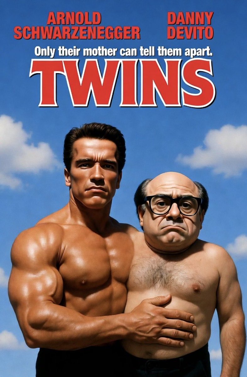 AlexMooreComedy's tweet photo. If we’re gonna have Ai movies, can we at least have an Ai version of TWINS where they are conjoined? https://t.co/4xSlCB79yu