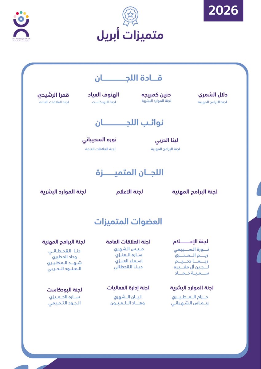 MultilingualCLT's tweet photo. نحتفـــي بــمُتميـــزات أبــــربل🌟
من كان عطاؤهم استثنائيًا، وتأثيرهم علامة فارقة
بجهودهم يتحقّق التميّز، ويُصنع الفرق الحقيقـي

شكرًا لما تــصنعونــه من أثــــر💜 https://t.co/bHsRjV1Yl2