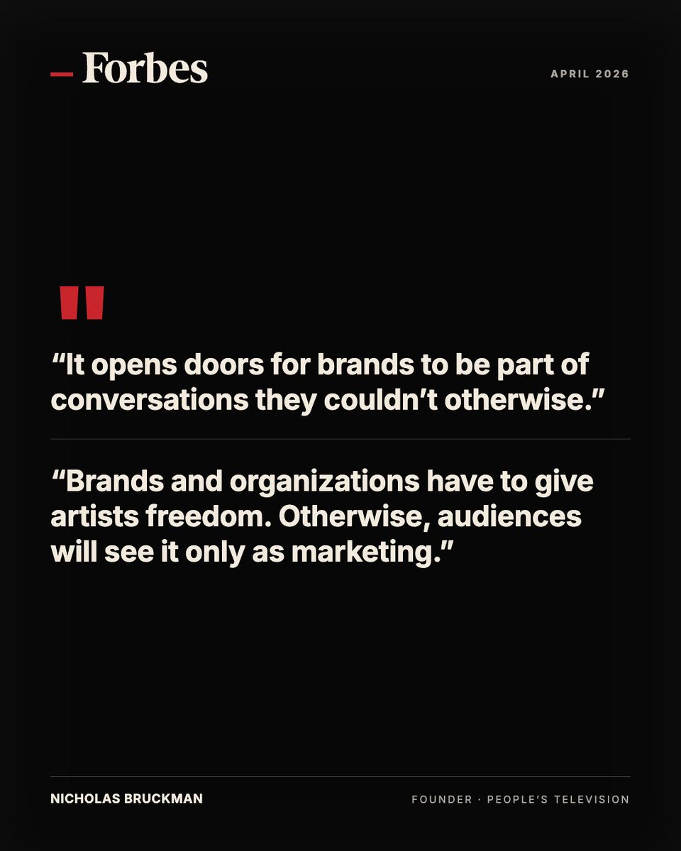 peoplesTV's tweet photo. Forbes wrote about us 🚀

Our CEO @Nick_Bruckman sat down with @Forbes to talk about the model behind our work: brands, foundations, and movements commissioning true filmmaker-driven storytelling. https://t.co/ev56PIwdvP